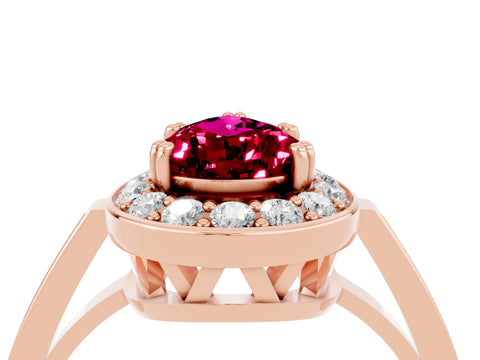 Rose gold {shape_name} Garnet Halo Ring with Split Shank and Four-Prong Setting_4