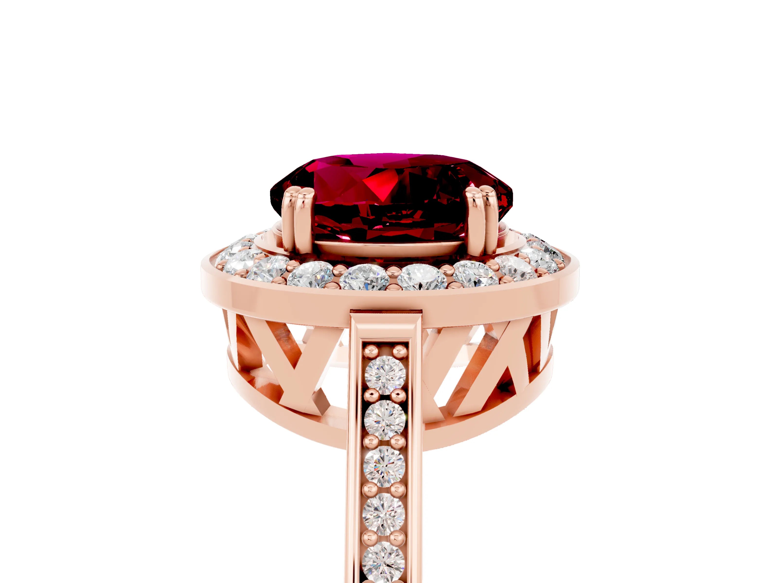 Rose gold {shape_name} Garnet Halo Ring with Split Shank and Four-Prong Setting_5