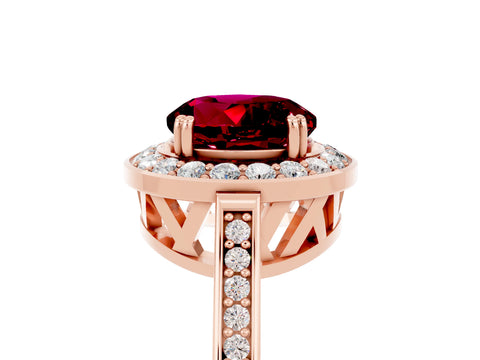Rose gold {shape_name} Garnet Halo Ring with Split Shank and Four-Prong Setting_5