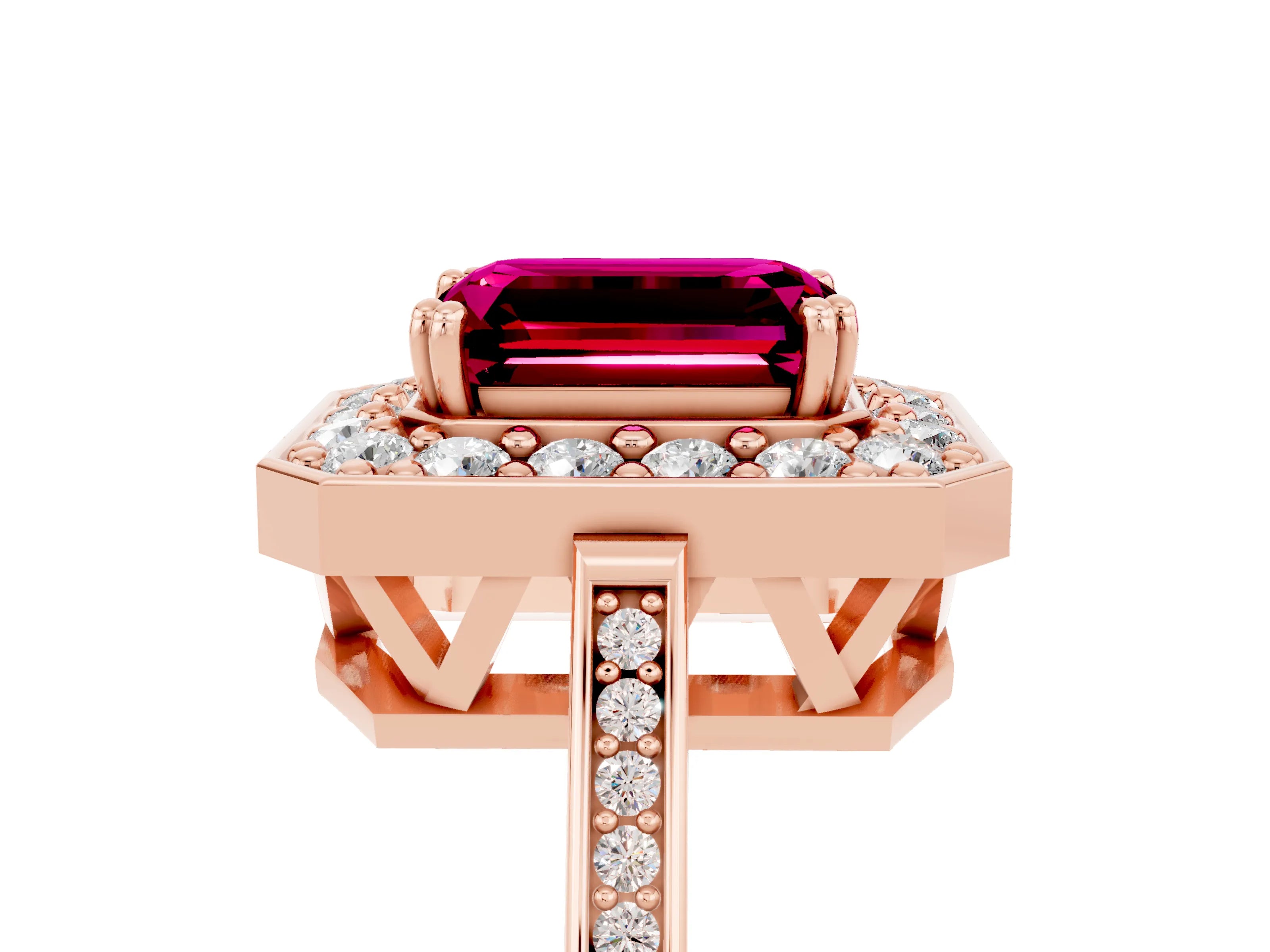Rose gold {shape_name} Garnet Halo Ring with Split Shank and Four-Prong Setting_5