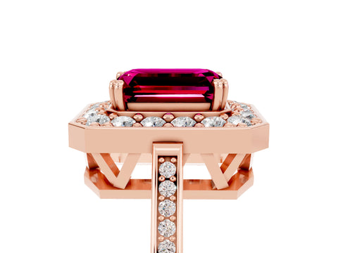 Rose gold {shape_name} Garnet Halo Ring with Split Shank and Four-Prong Setting_5