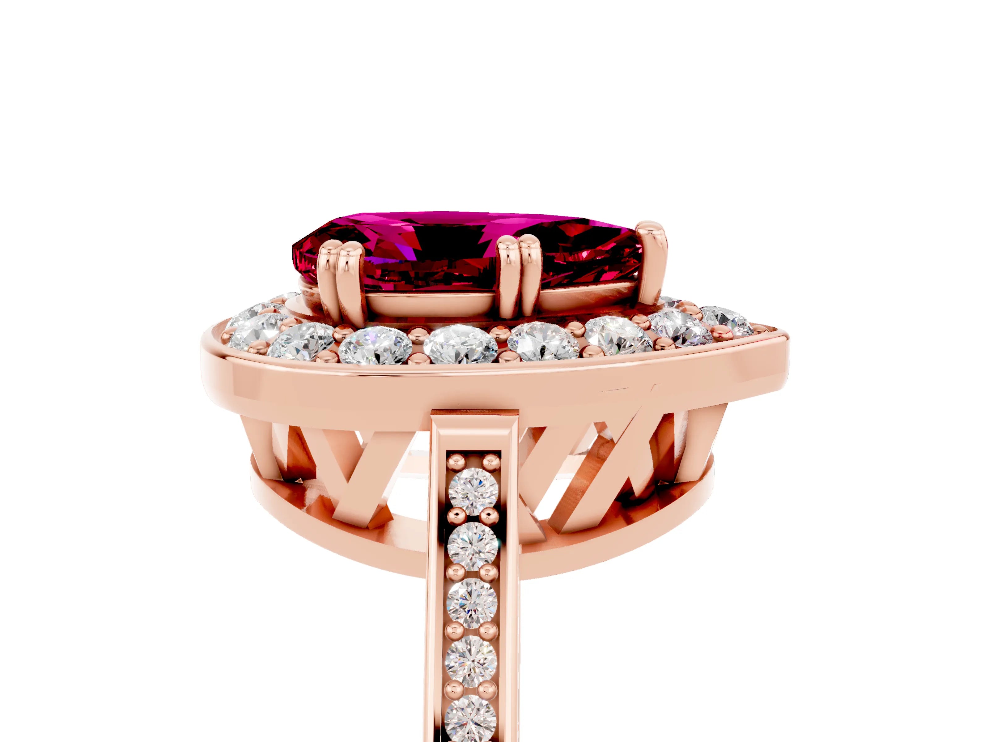 Rose gold {shape_name} Garnet Halo Ring with Split Shank and Four-Prong Setting_5