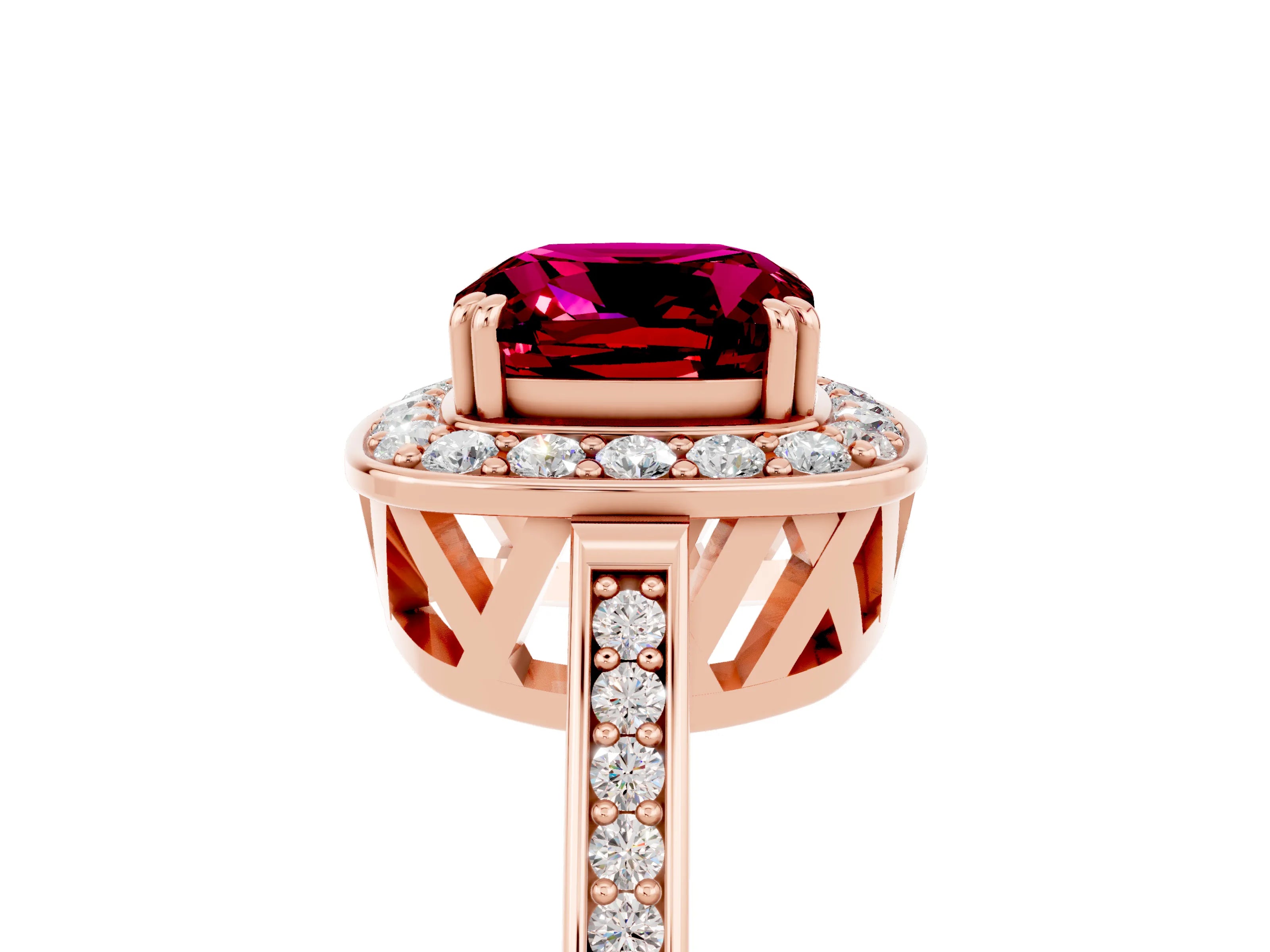 Rose gold {shape_name} Garnet Halo Ring with Split Shank and Four-Prong Setting_5