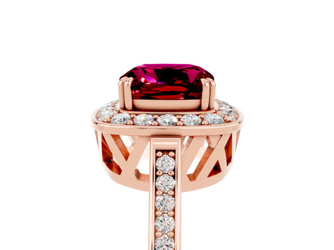 Rose gold {shape_name} Garnet Halo Ring with Split Shank and Four-Prong Setting_5