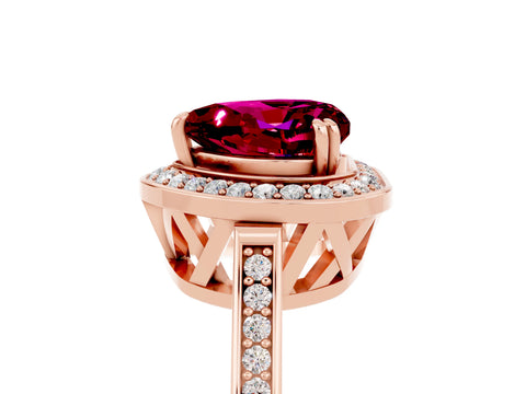 Rose gold {shape_name} Garnet Halo Ring with Split Shank and Four-Prong Setting_5