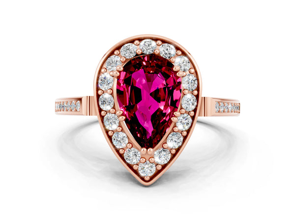 Rose gold Pear Cut Garnet Halo Ring with Split Shank and Four-Prong Setting