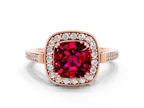 Rose gold {shape_name} Garnet Halo Ring with Split Shank and Four-Prong Setting