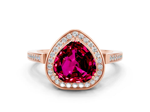 Rose gold {shape_name} Garnet Halo Ring with Split Shank and Four-Prong Setting