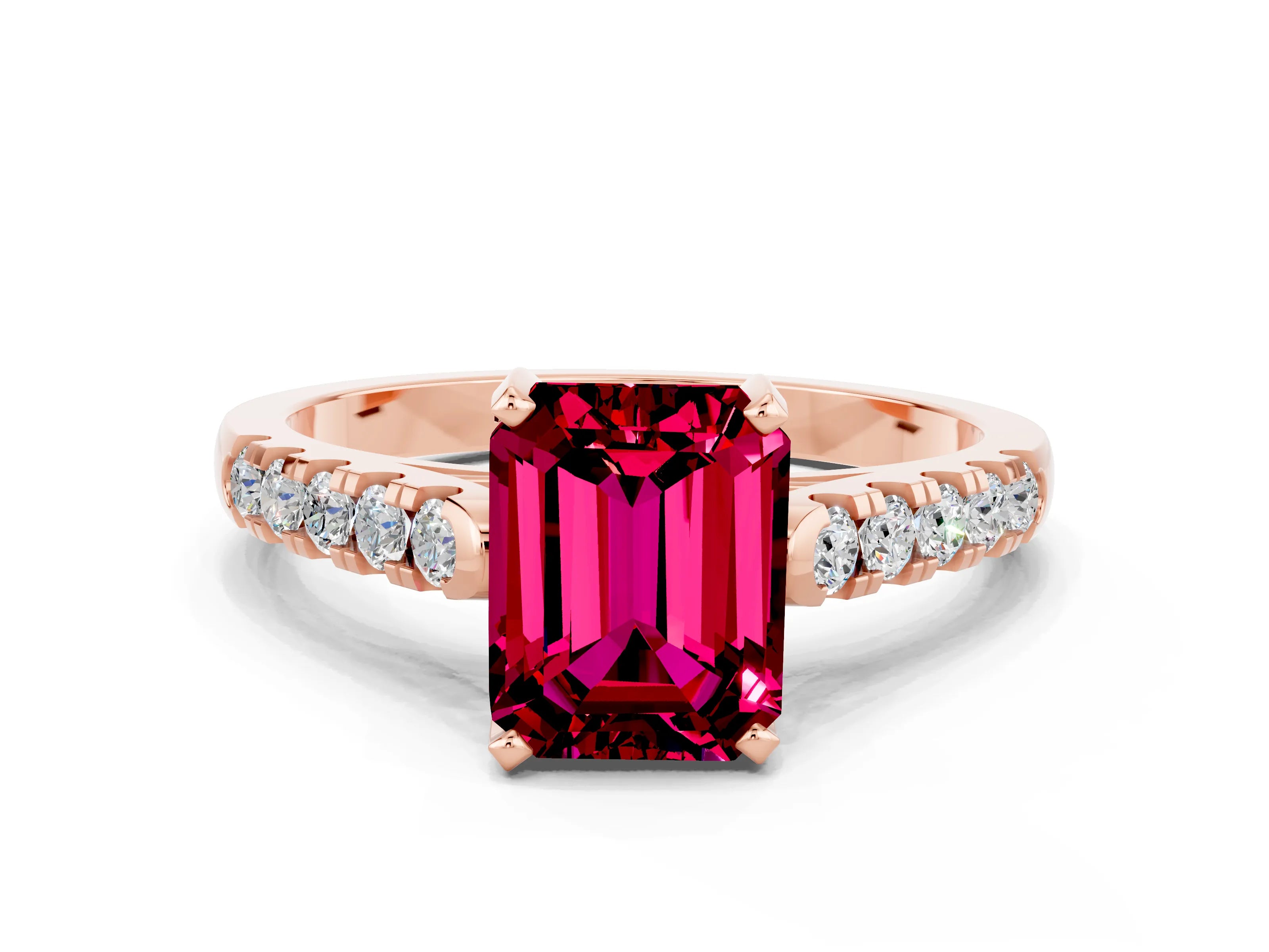 Rose gold {shape_name} Garnet Solitaire Ring with Pavé Band and Four-Prong Setting