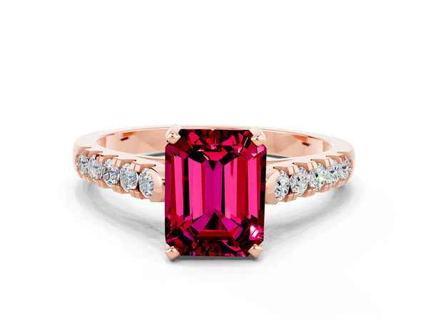Rose gold Emerald Cut Garnet Pavé Band Solitaire Ring with Prong Setting