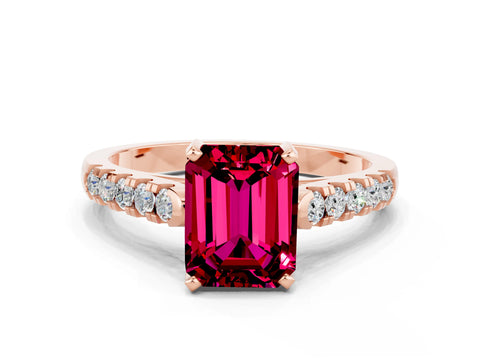 Rose gold {shape_name} Garnet Solitaire Ring with Pavé Band and Four-Prong Setting