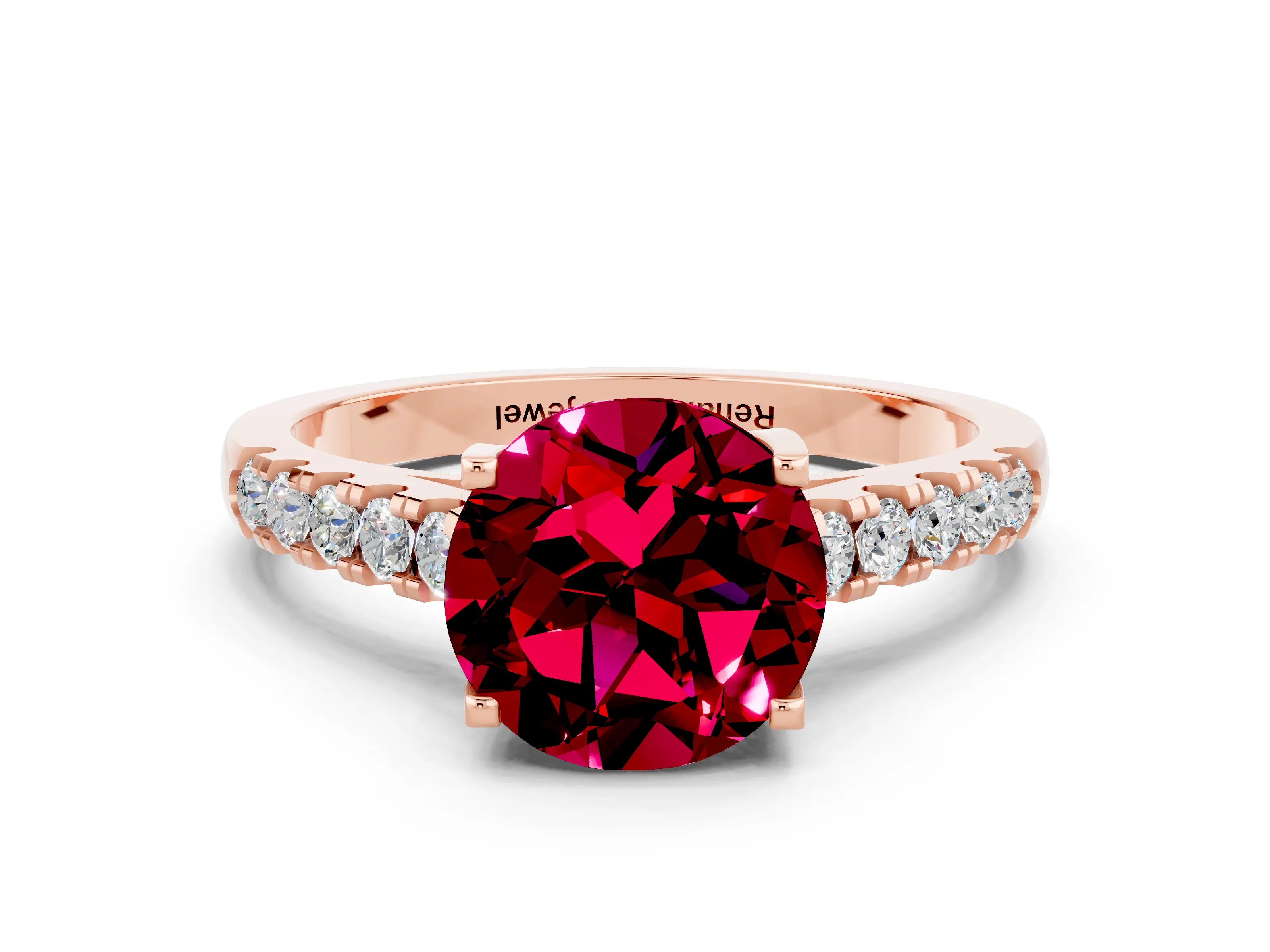 Rose gold {shape_name} Garnet Solitaire Ring with Pavé Band and Four-Prong Setting