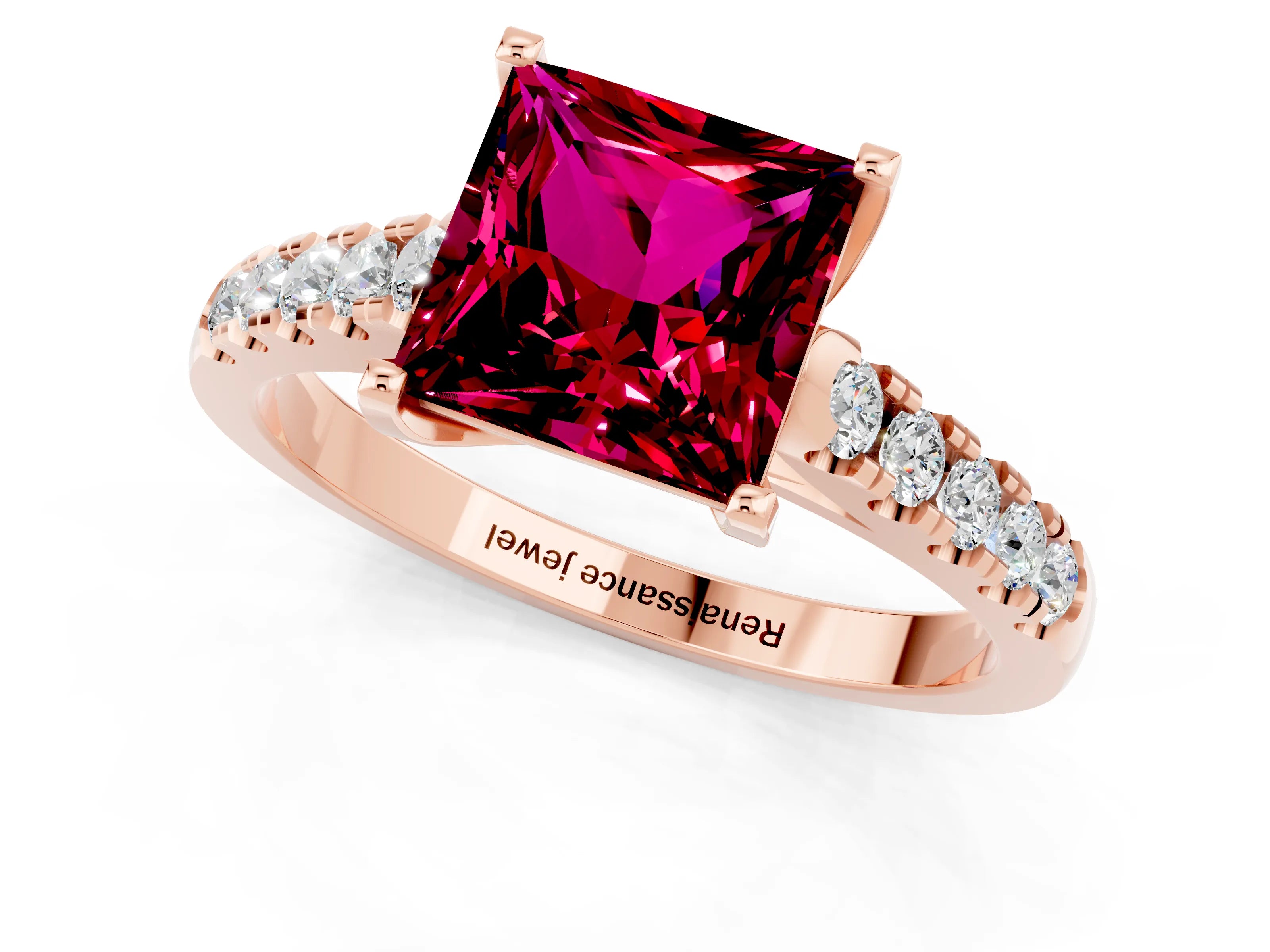 Rose gold {shape_name} Garnet Solitaire Ring with Pavé Band and Four-Prong Setting_1