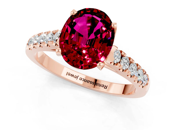 Rose gold Oval Cut Garnet Pavé Band Solitaire Ring with Prong Setting