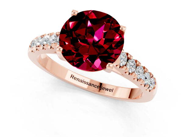 Rose gold Round Cut Garnet Pavé Band Solitaire Ring with Prong Setting