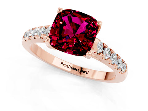 Rose gold {shape_name} Garnet Solitaire Ring with Pavé Band and Four-Prong Setting_1