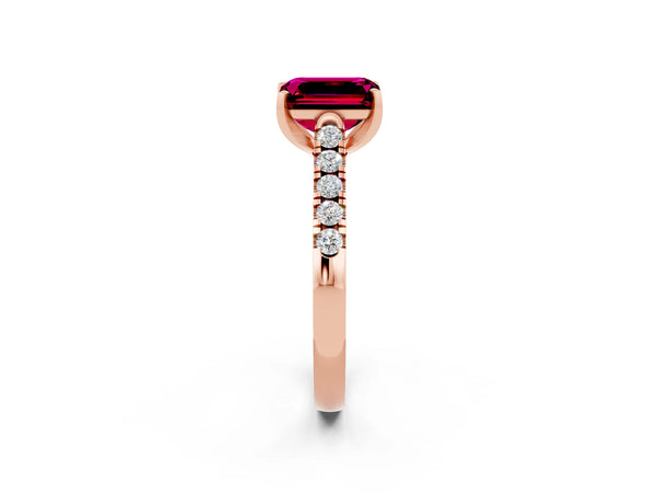 Rose gold Emerald Cut Garnet Pavé Band Solitaire Ring with Prong Setting