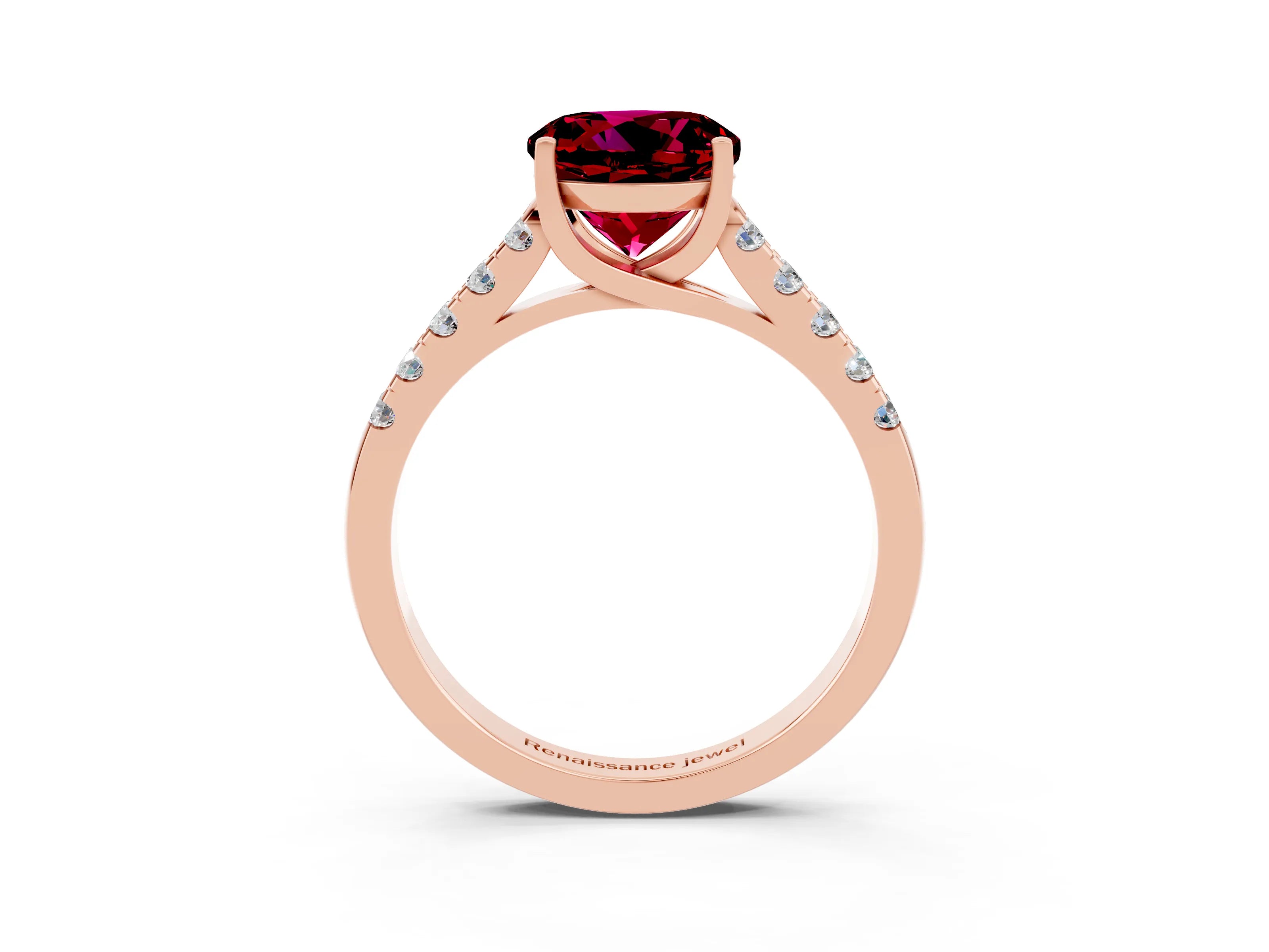 Rose gold {shape_name} Garnet Solitaire Ring with Pavé Band and Four-Prong Setting_3