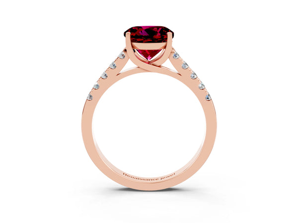 Rose gold Round Cut Garnet Pavé Band Solitaire Ring with Prong Setting