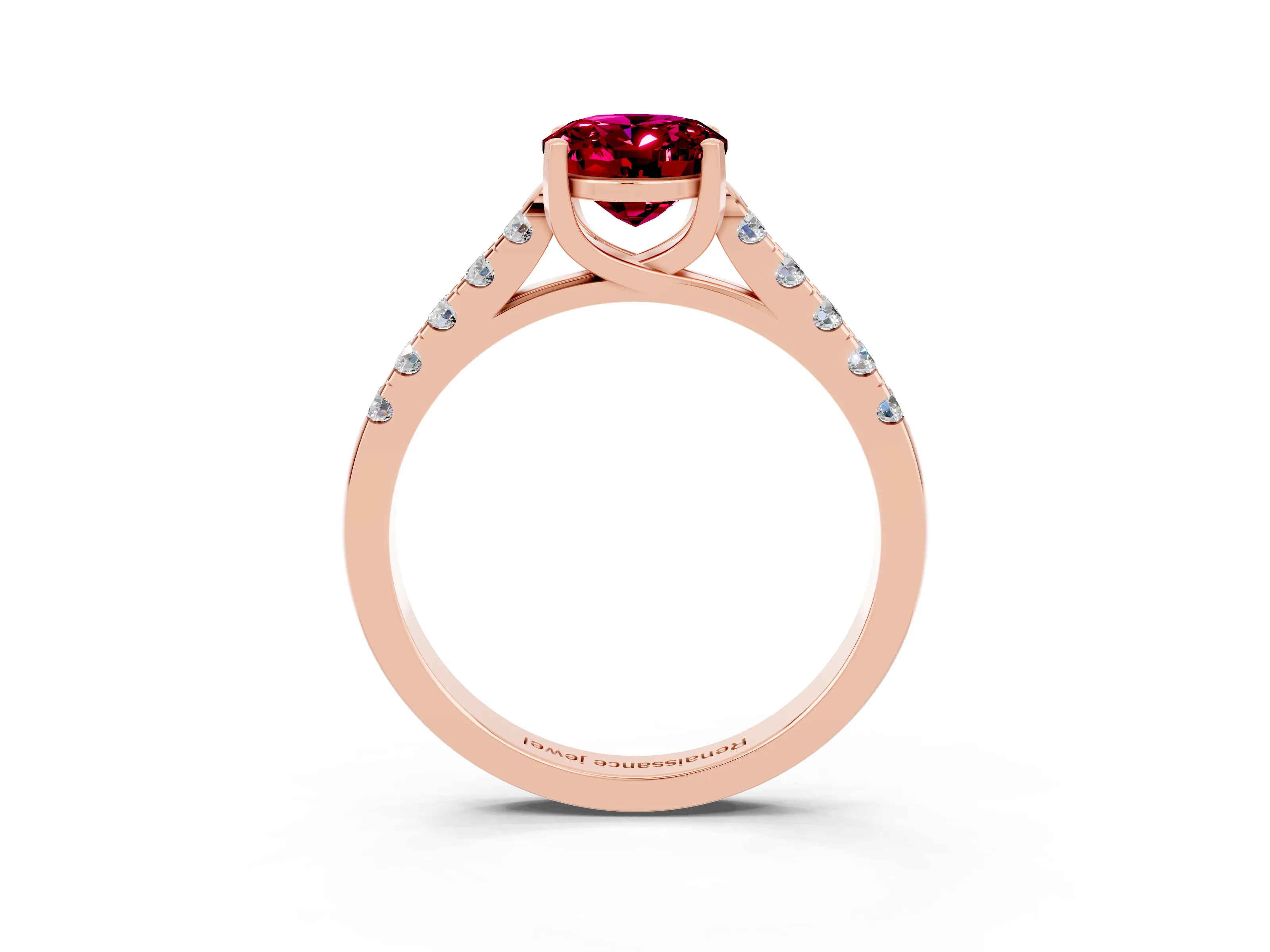 Rose gold {shape_name} Garnet Solitaire Ring with Pavé Band and Four-Prong Setting_3