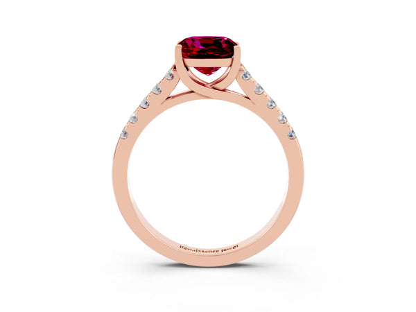Rose gold Cushion Cut Garnet Pavé Band Solitaire Ring with Prong Setting