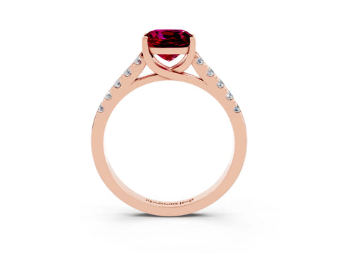 Rose gold {shape_name} Garnet Solitaire Ring with Pavé Band and Four-Prong Setting_3