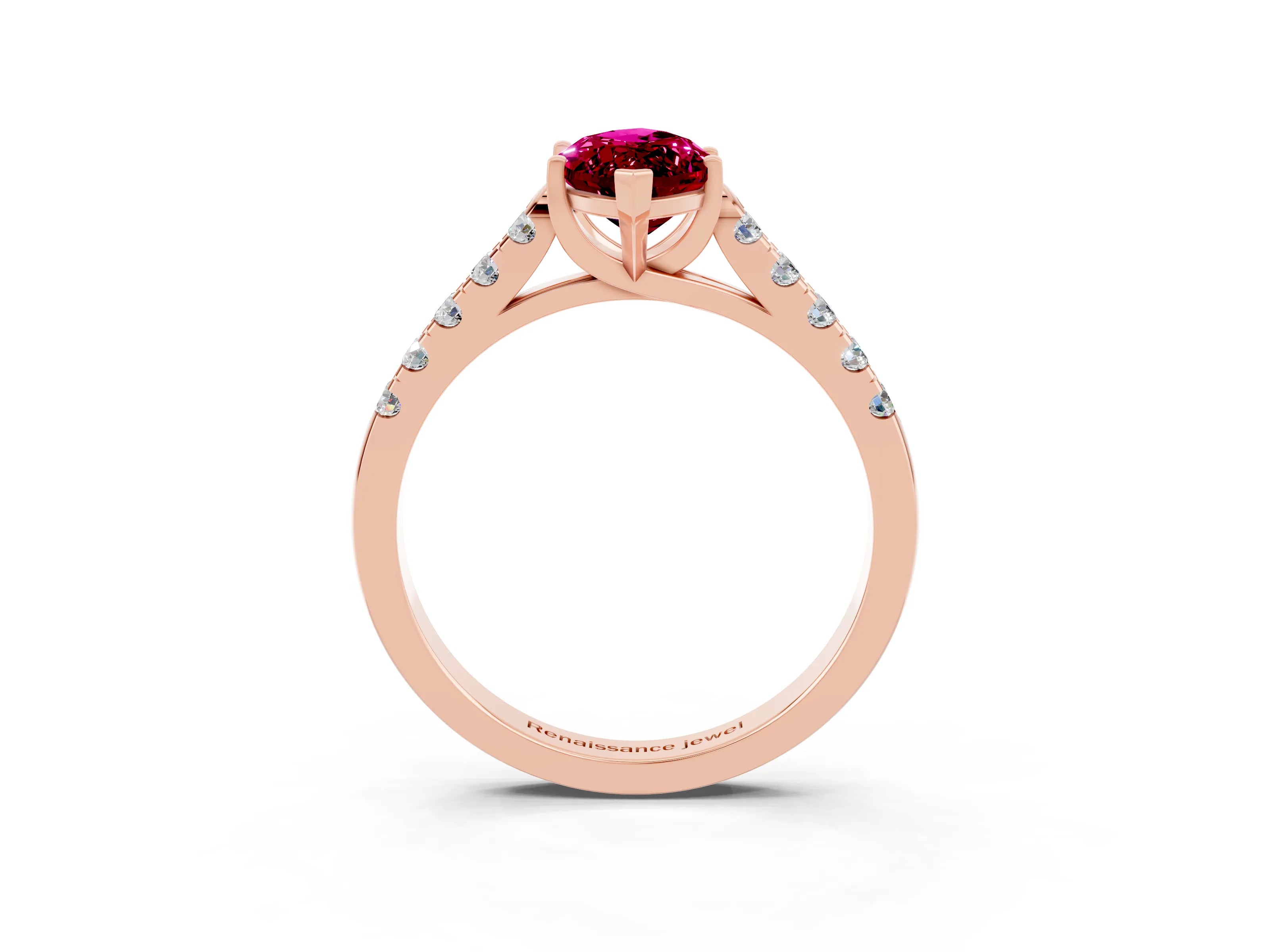 Rose gold {shape_name} Garnet Solitaire Ring with Pavé Band and Four-Prong Setting_3