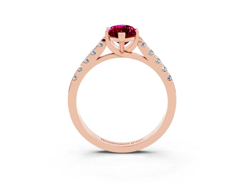Rose gold {shape_name} Garnet Solitaire Ring with Pavé Band and Four-Prong Setting_3
