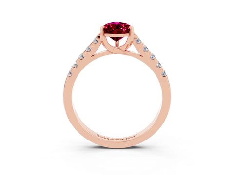 Rose gold {shape_name} Garnet Solitaire Ring with Pavé Band and Four-Prong Setting_3
