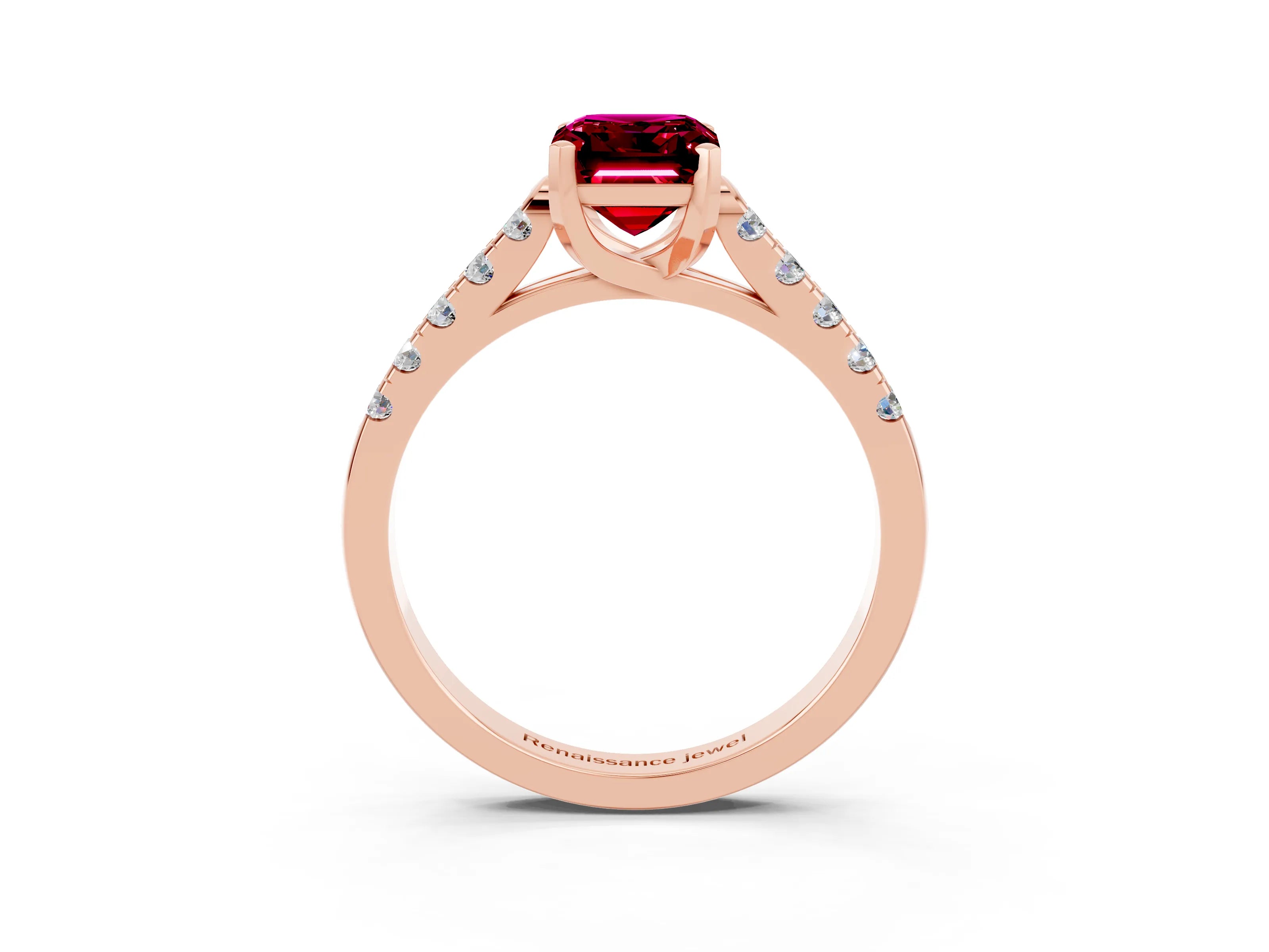 Rose gold {shape_name} Garnet Solitaire Ring with Pavé Band and Four-Prong Setting_3