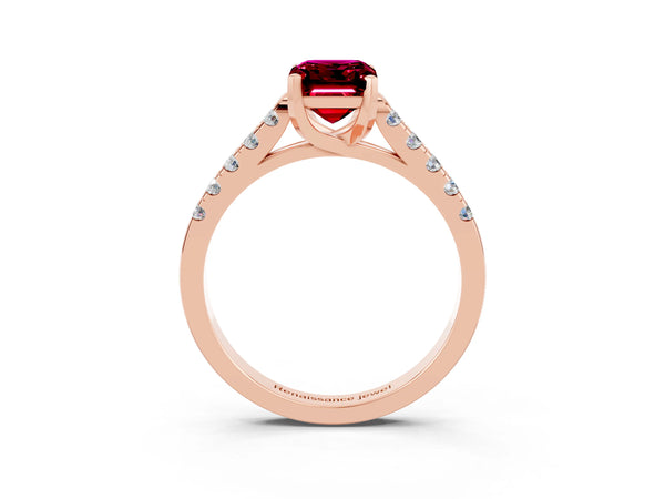 Rose gold Emerald Cut Garnet Pavé Band Solitaire Ring with Prong Setting