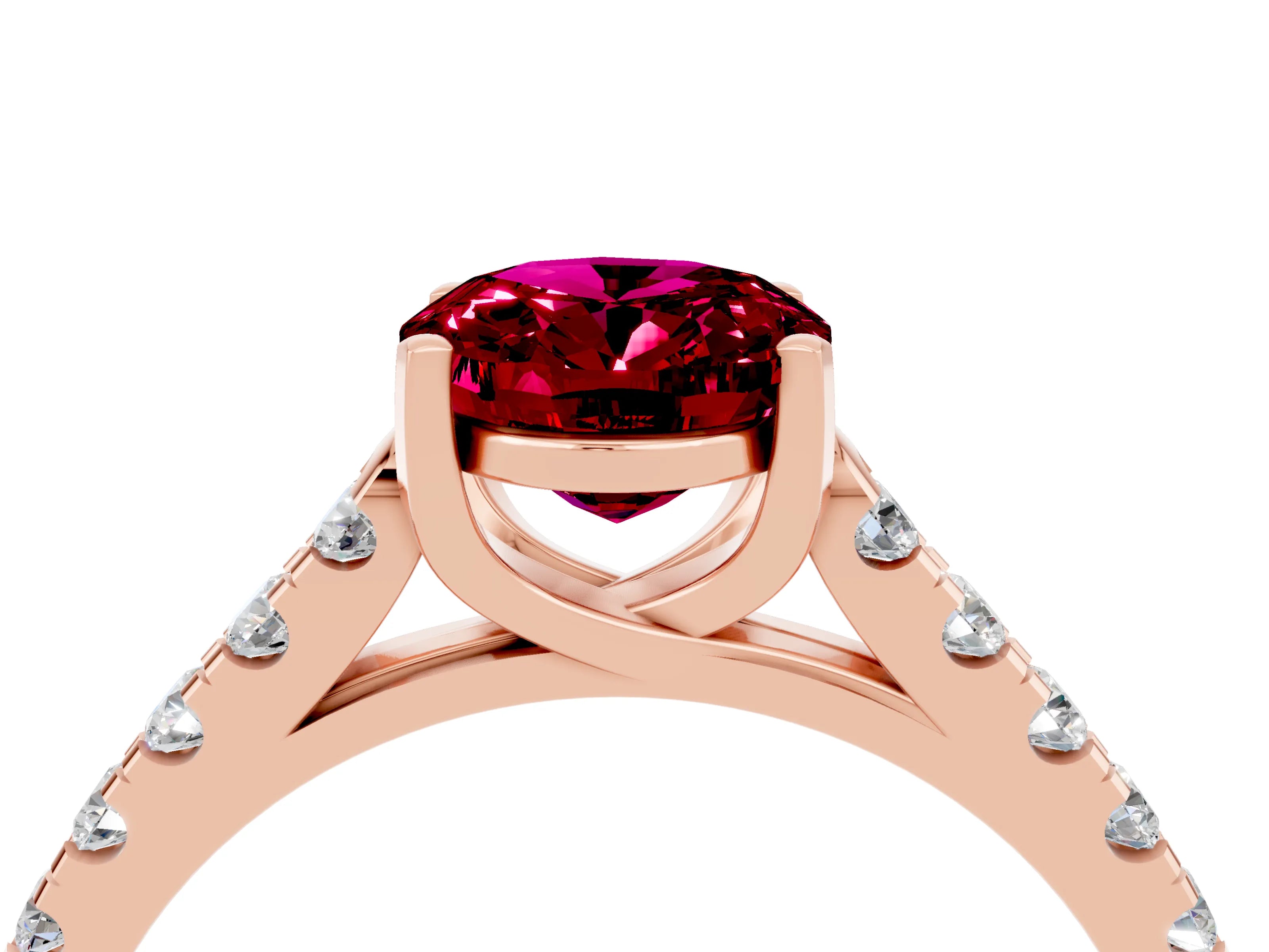 Rose gold {shape_name} Garnet Solitaire Ring with Pavé Band and Four-Prong Setting_4