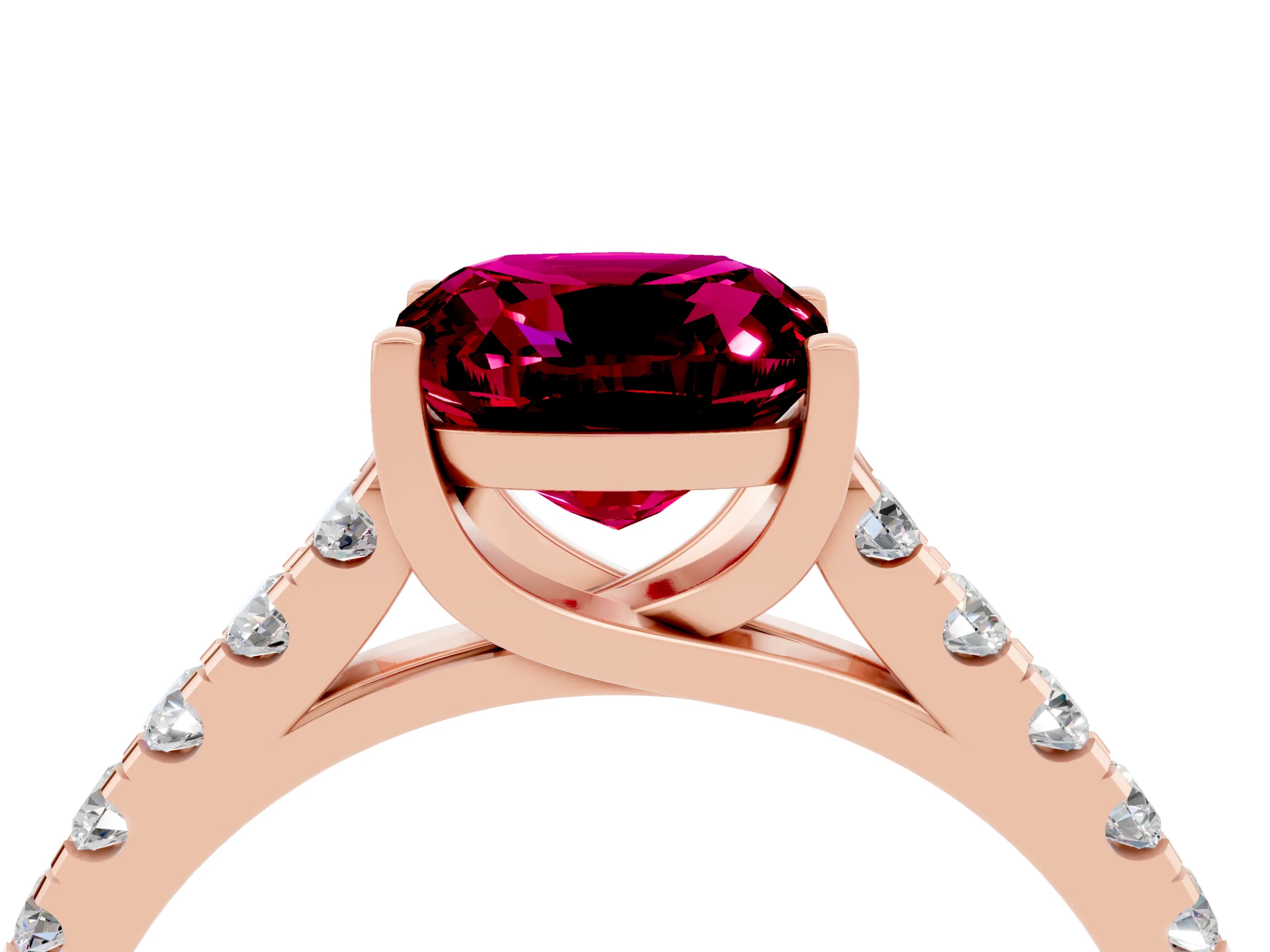 Rose gold {shape_name} Garnet Solitaire Ring with Pavé Band and Four-Prong Setting_4