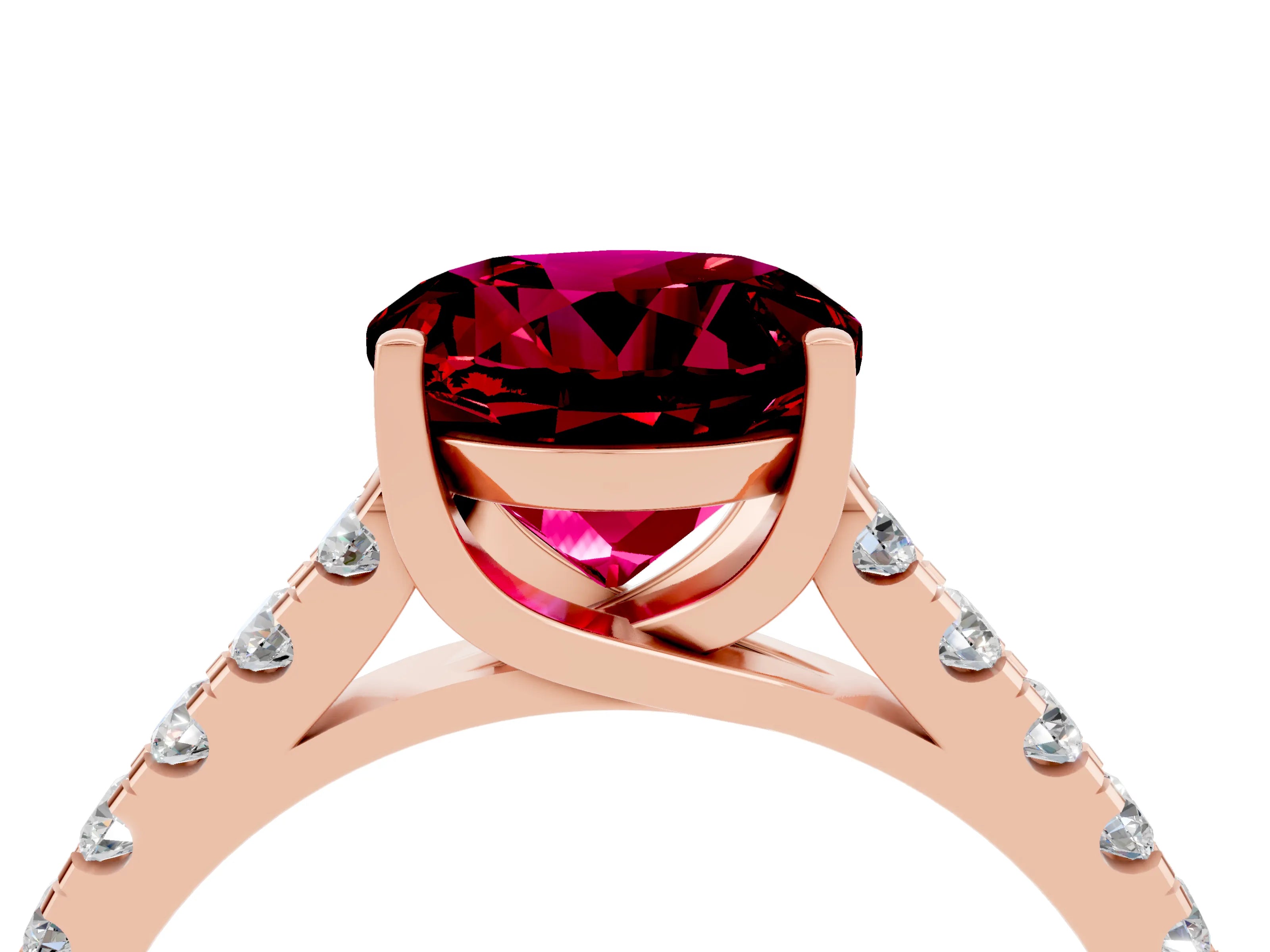 Rose gold {shape_name} Garnet Solitaire Ring with Pavé Band and Four-Prong Setting_4