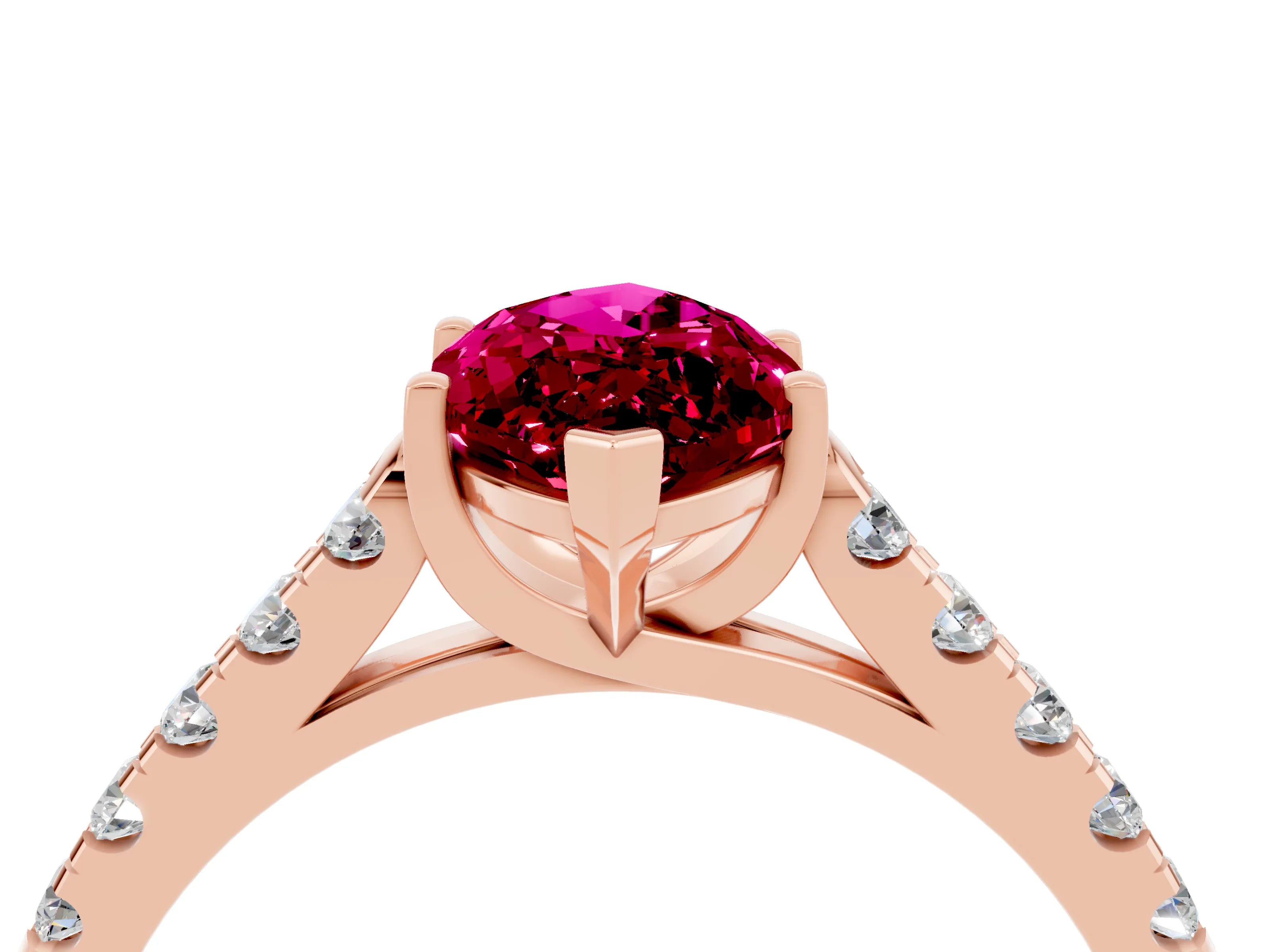 Rose gold {shape_name} Garnet Solitaire Ring with Pavé Band and Four-Prong Setting_4
