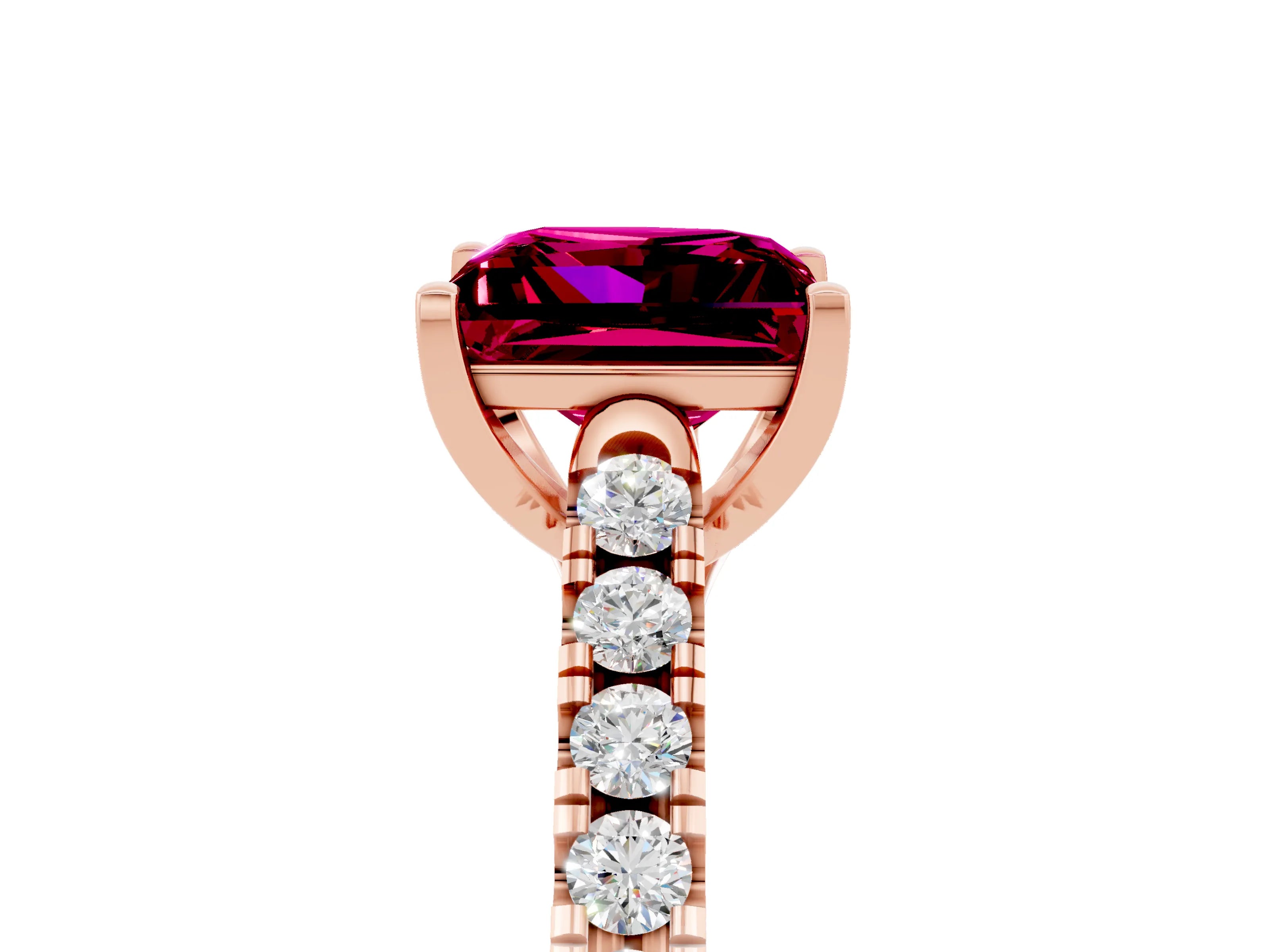 Rose gold {shape_name} Garnet Solitaire Ring with Pavé Band and Four-Prong Setting_5
