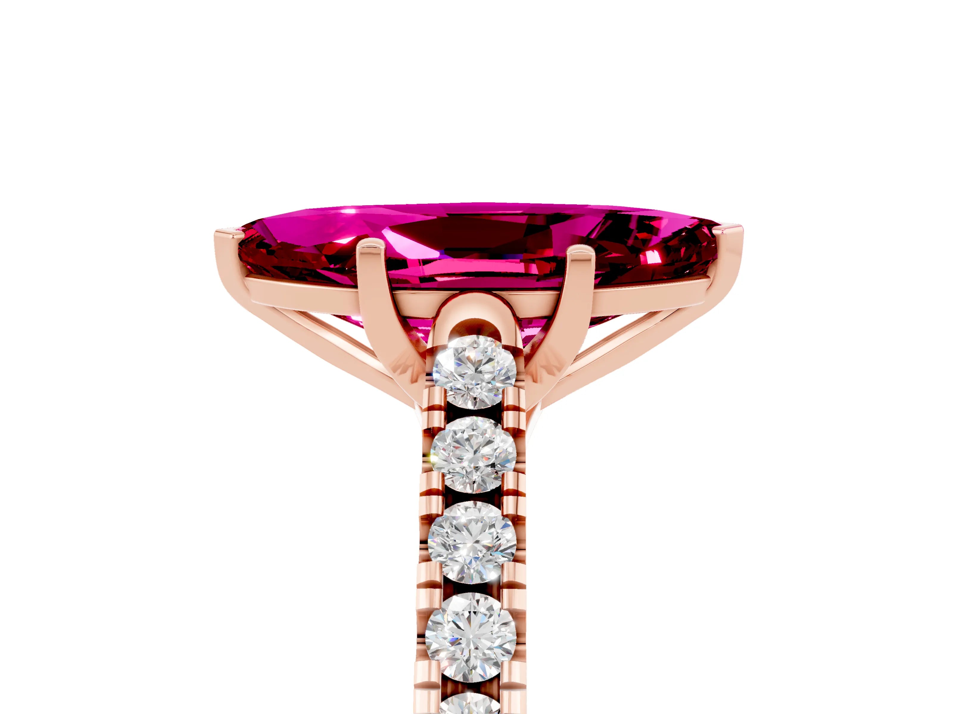 Rose gold {shape_name} Garnet Solitaire Ring with Pavé Band and Four-Prong Setting_5
