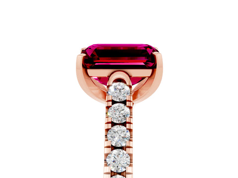 Rose gold {shape_name} Garnet Solitaire Ring with Pavé Band and Four-Prong Setting_5