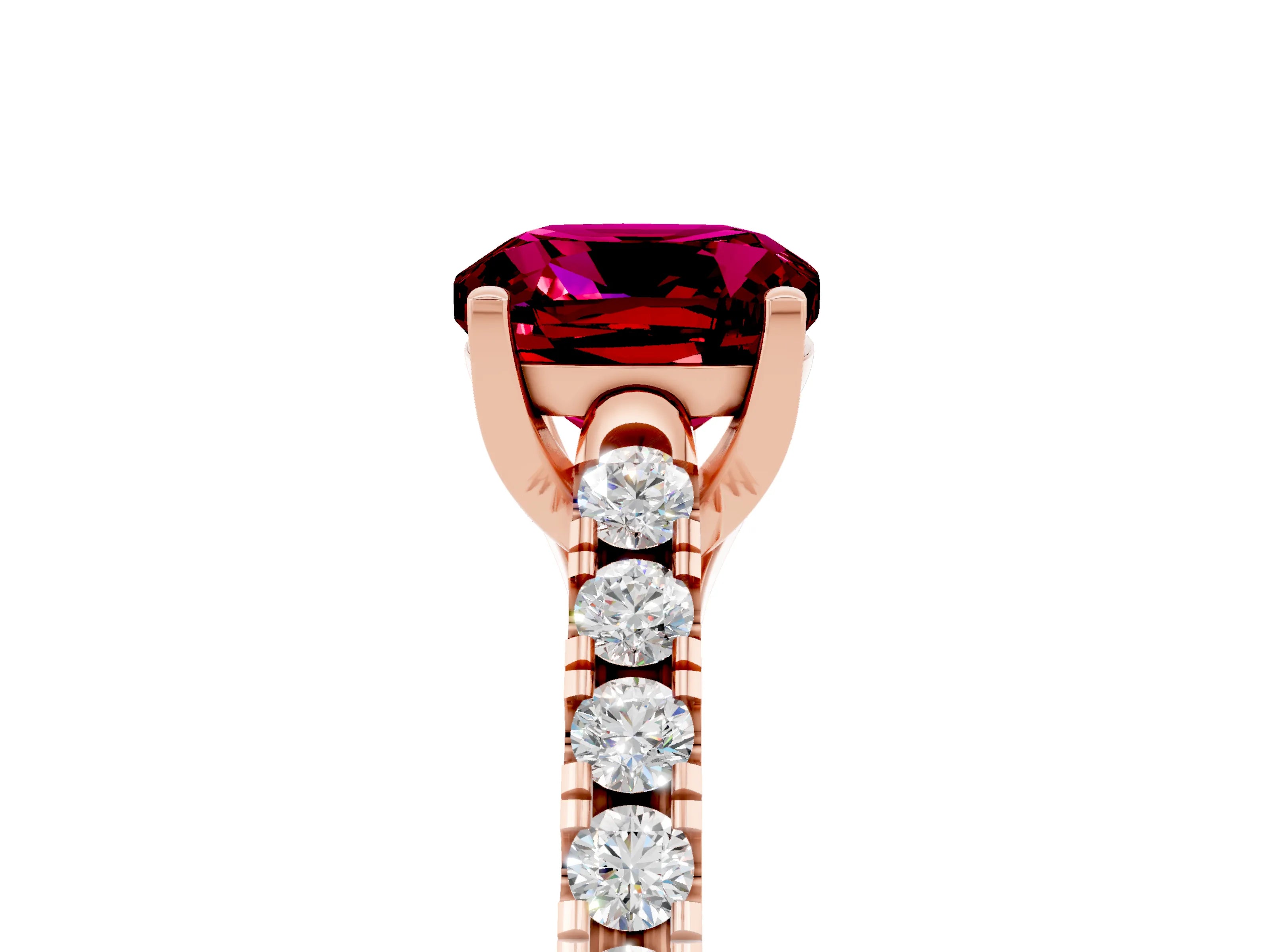 Rose gold {shape_name} Garnet Solitaire Ring with Pavé Band and Four-Prong Setting_5