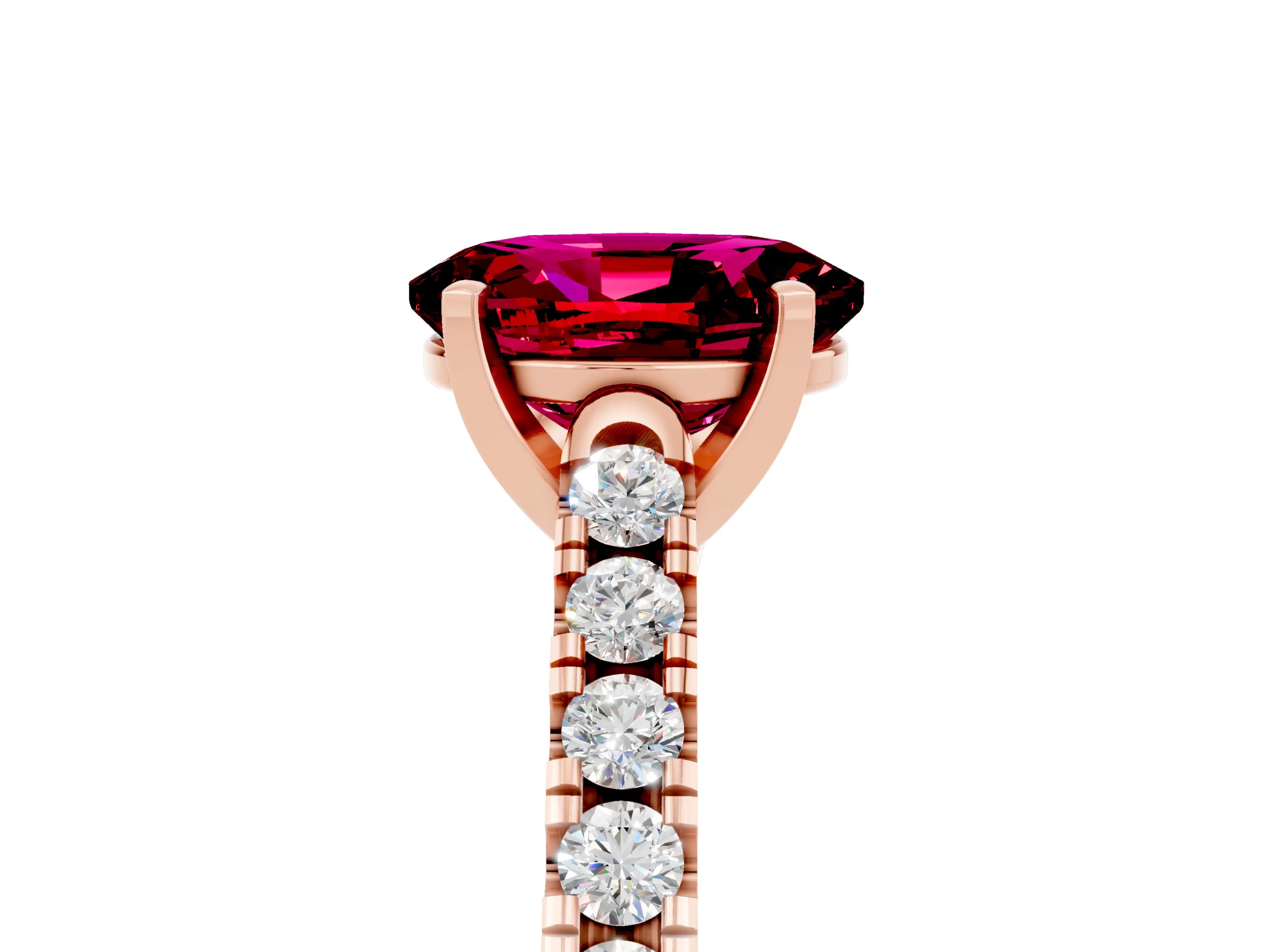 Rose gold {shape_name} Garnet Solitaire Ring with Pavé Band and Four-Prong Setting_5