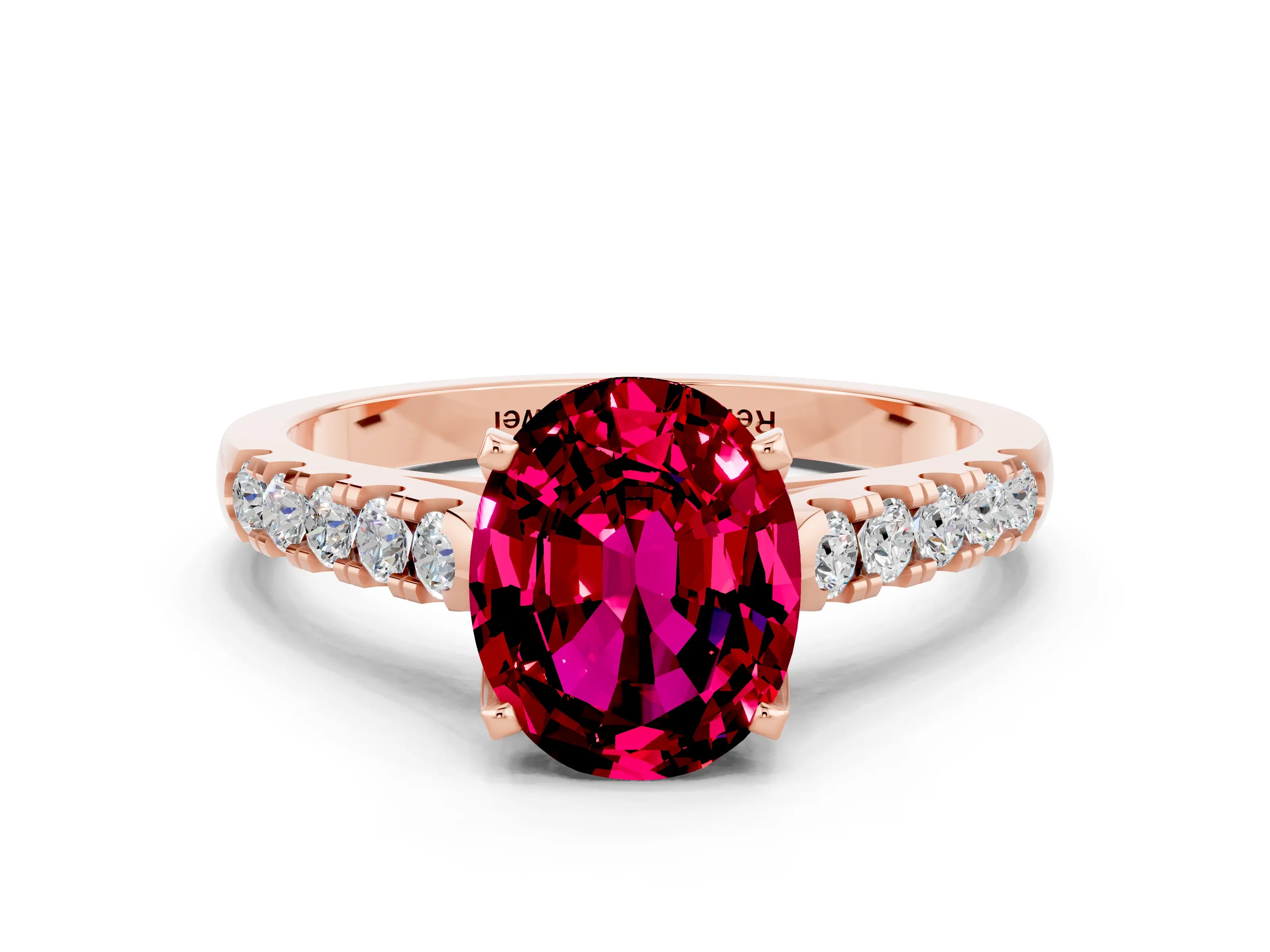 Rose gold {shape_name} Garnet Solitaire Ring with Pavé Band and Four-Prong Setting