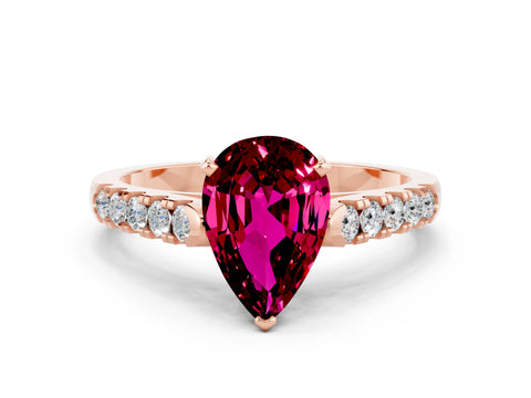 Rose gold {shape_name} Garnet Solitaire Ring with Pavé Band and Four-Prong Setting