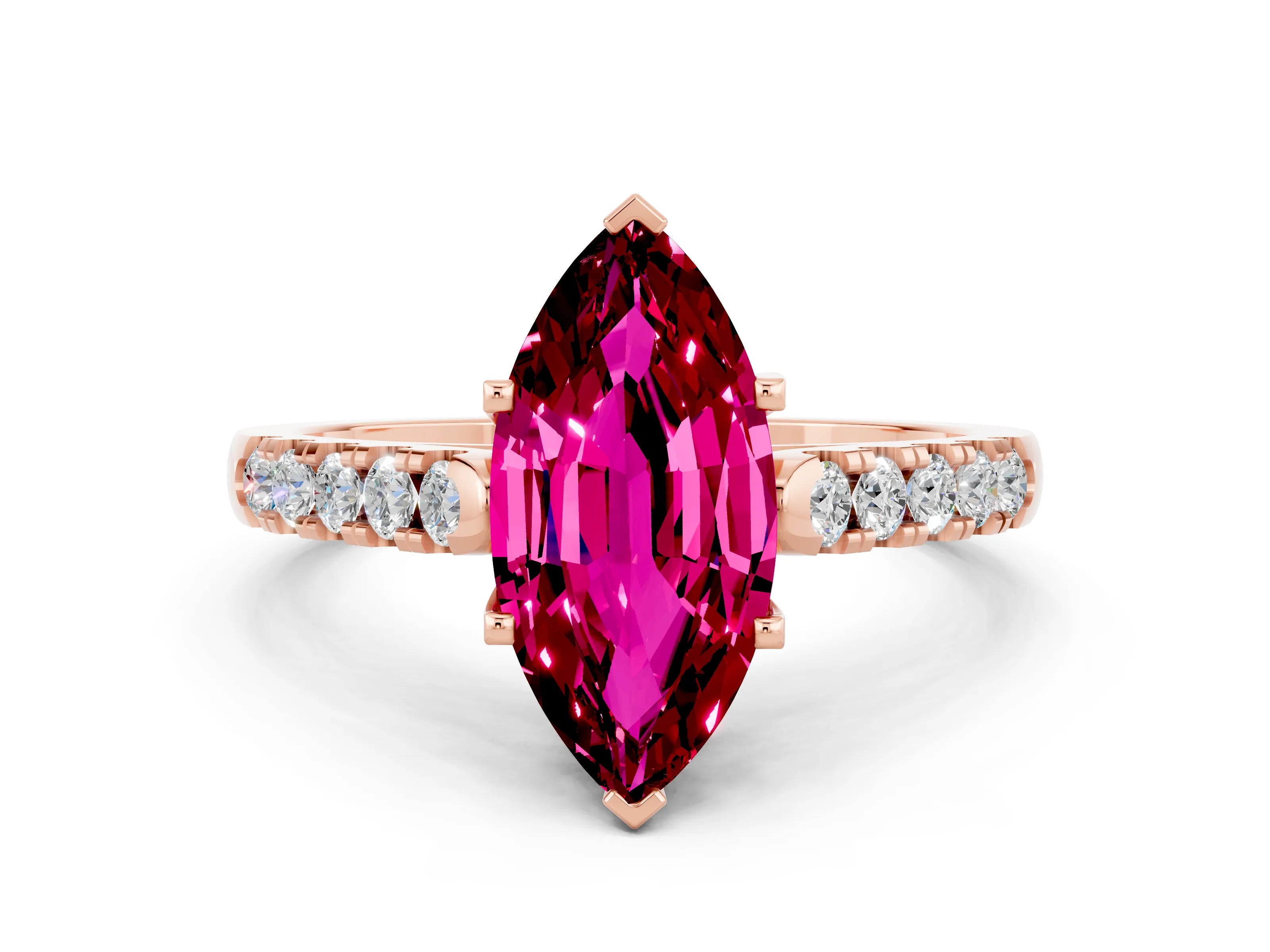 Rose gold {shape_name} Garnet Solitaire Ring with Pavé Band and Four-Prong Setting