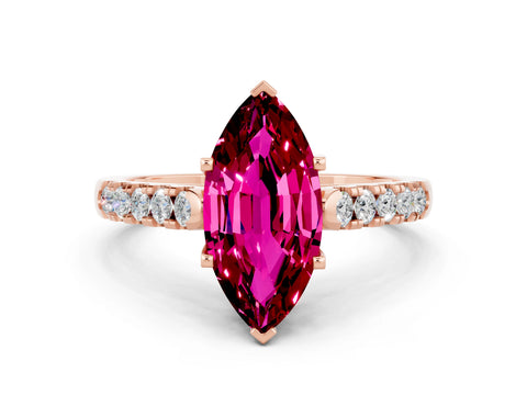 Rose gold {shape_name} Garnet Solitaire Ring with Pavé Band and Four-Prong Setting