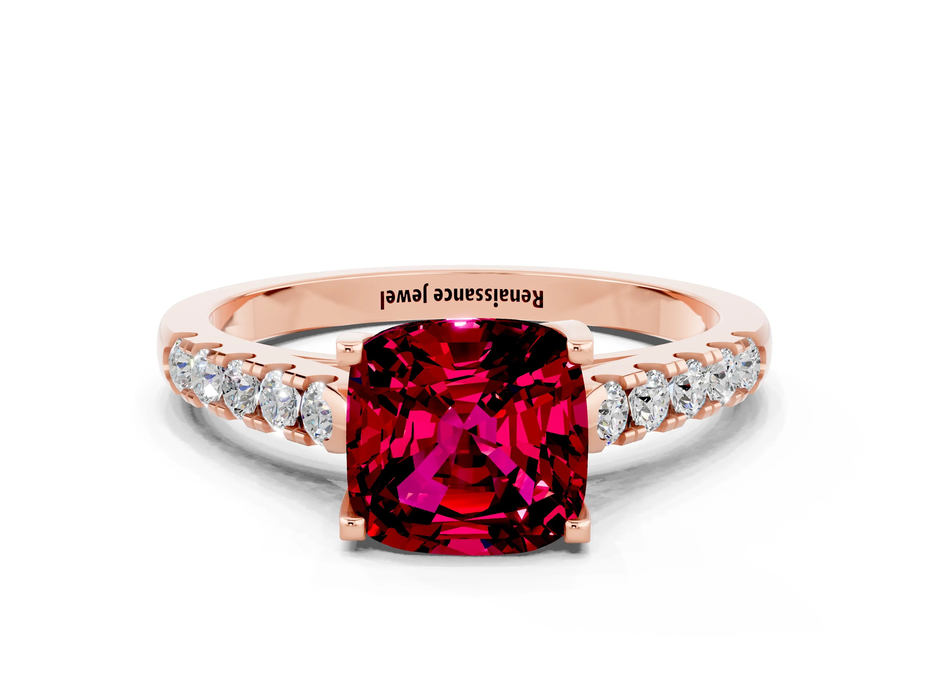 Rose gold {shape_name} Garnet Solitaire Ring with Pavé Band and Four-Prong Setting