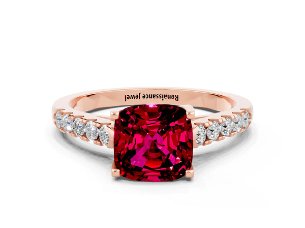 Rose gold Cushion Cut Garnet Pavé Band Solitaire Ring with Prong Setting