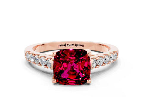 Rose gold {shape_name} Garnet Solitaire Ring with Pavé Band and Four-Prong Setting