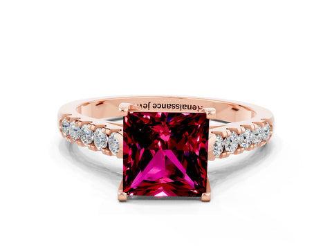 Rose gold {shape_name} Garnet Solitaire Ring with Pavé Band and Four-Prong Setting
