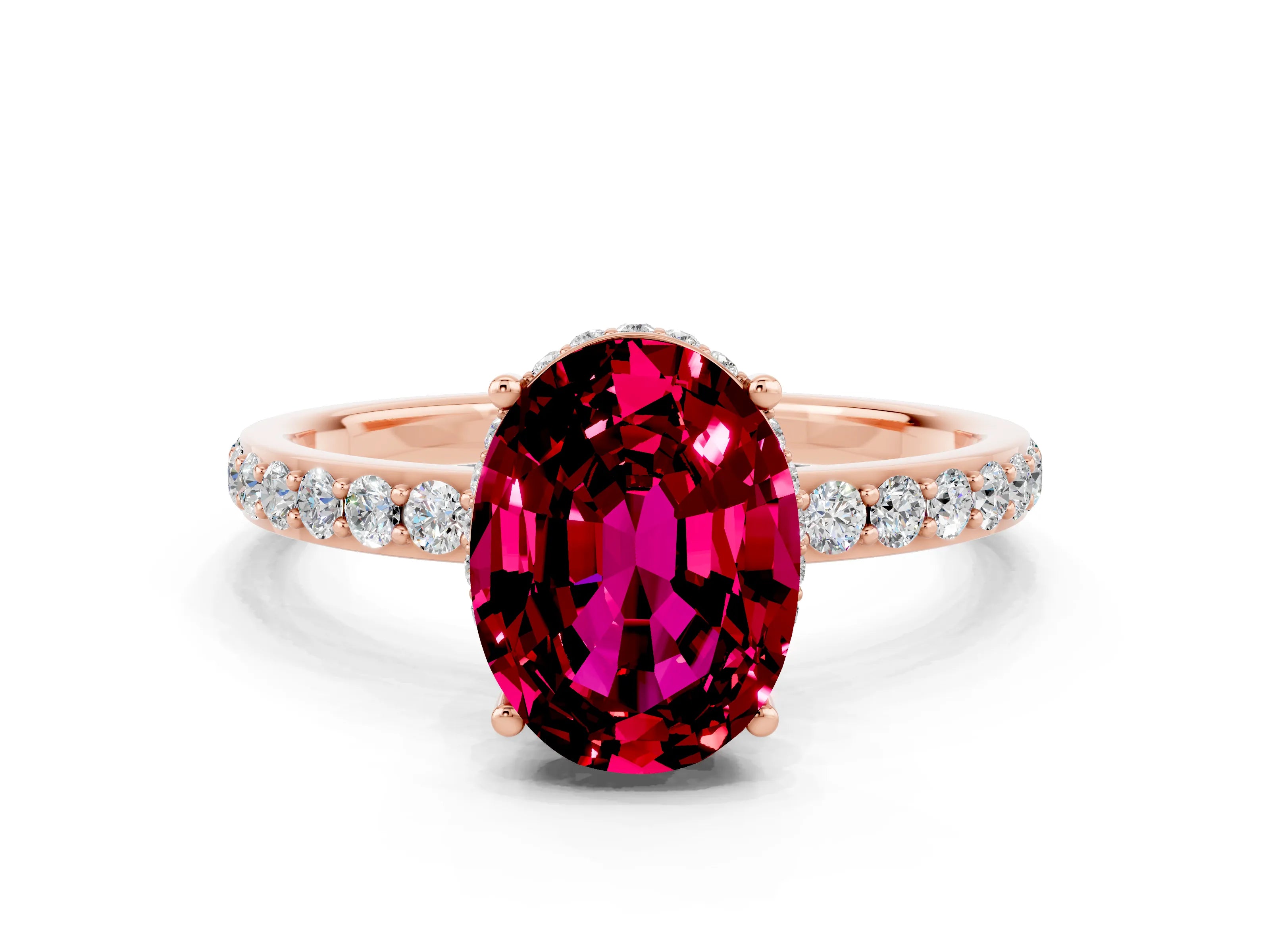 Rose gold {shape_name} Garnet Solitaire Ring with Pavé Band and Hidden Halo