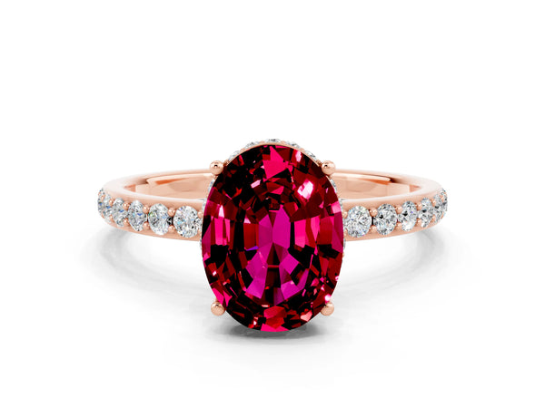 Rose gold Oval Cut Garnet Solitaire Ring with Pavé Band and Hidden Halo